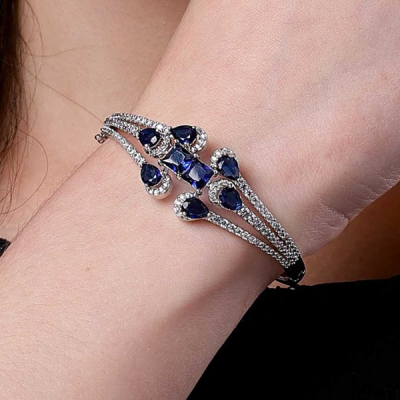 "Silver-Plated Diamond Studded Bangle-Style Bracelet "